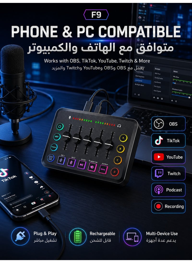lumetra F9 Gaming Audio Mixer & Live Sound Card for Streaming, XLR Microphone Interface with 48V Phantom Power, 5 Volume Faders, RGB & Noise Reduction for Podcast, Recording, Gaming, YouTube & TikTok - Black - Image 2
