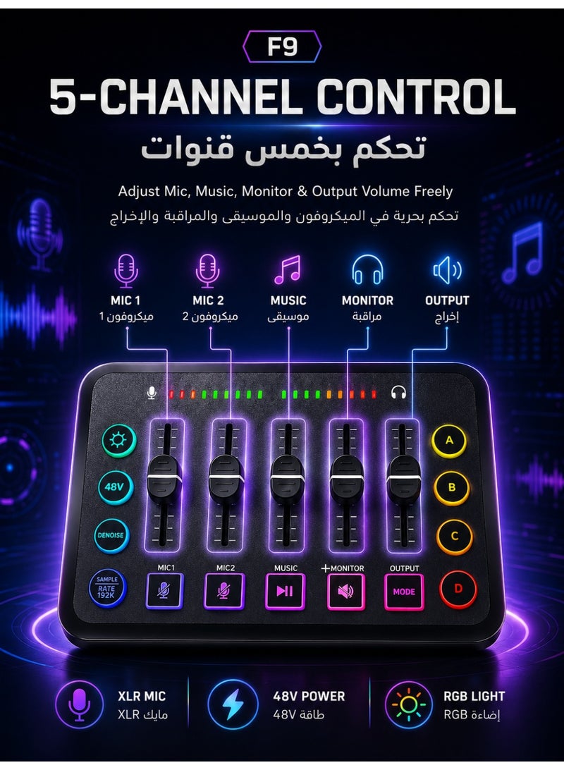 lumetra F9 Gaming Audio Mixer & Live Sound Card for Streaming, XLR Microphone Interface with 48V Phantom Power, 5 Volume Faders, RGB & Noise Reduction for Podcast, Recording, Gaming, YouTube & TikTok - Black - Image 3