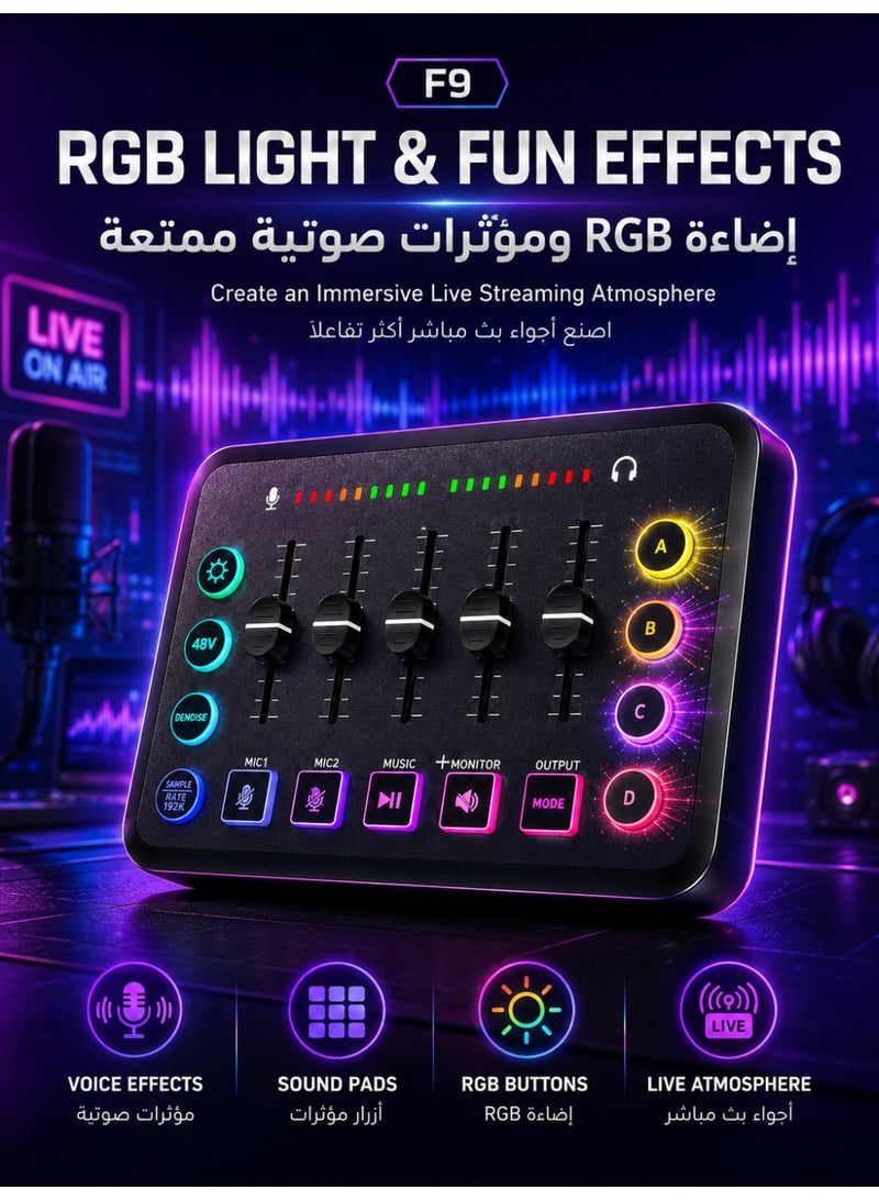 lumetra F9 Gaming Audio Mixer & Live Sound Card for Streaming, XLR Microphone Interface with 48V Phantom Power, 5 Volume Faders, RGB & Noise Reduction for Podcast, Recording, Gaming, YouTube & TikTok - Black - Image 4