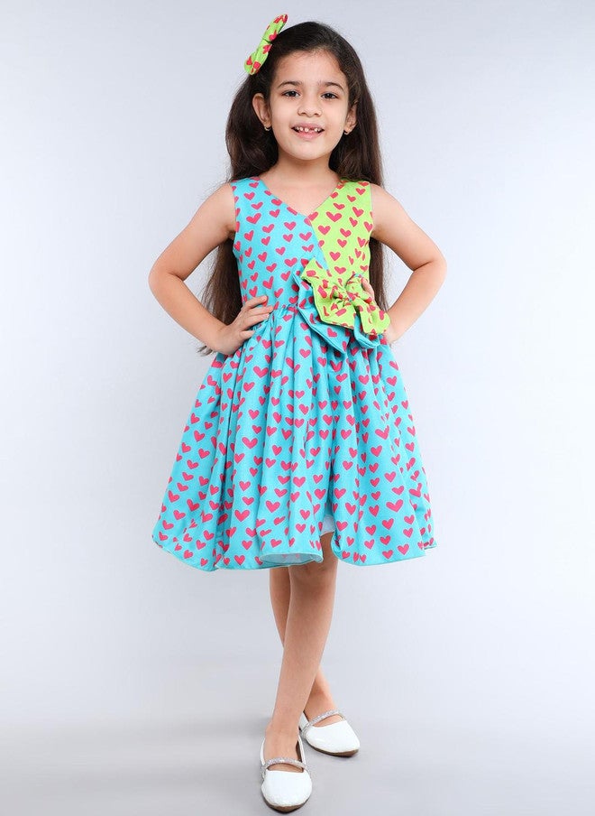 PinkChick Teal Colourblocked Fit & Flare Dress for Girls - Image 1