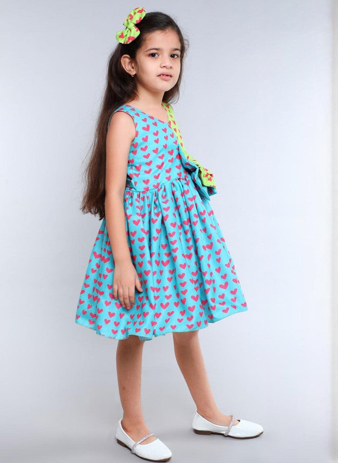 PinkChick Teal Colourblocked Fit & Flare Dress for Girls - Image 3