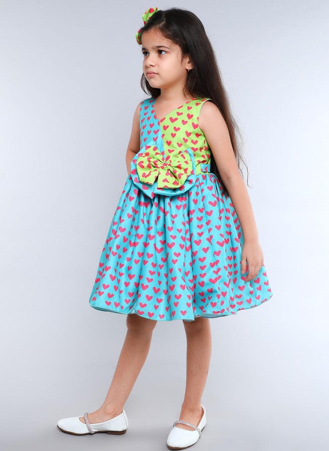 PinkChick Teal Colourblocked Fit & Flare Dress for Girls - Image 4