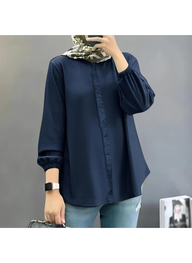 VUELO Vintage Muslim Women's Blouse Autumn Fashion Long Sleeve Ruffles Casual Solid Color Shirt - Image 2