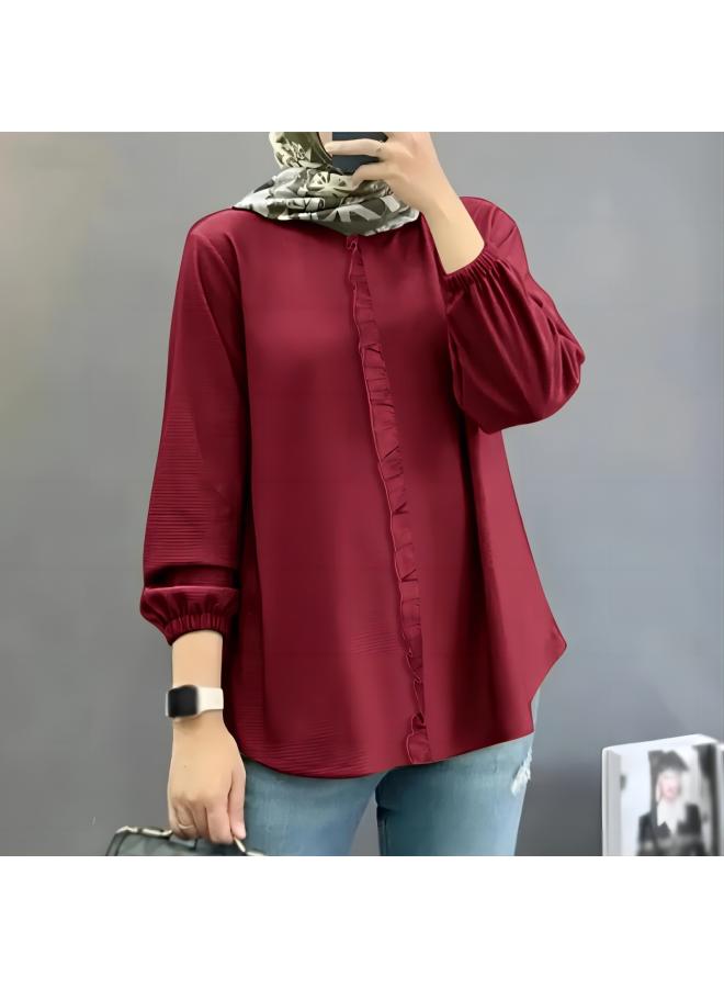 VUELO Vintage Muslim Women's Blouse Autumn Fashion Long Sleeve Ruffles Casual Solid Color Shirt - Image 3