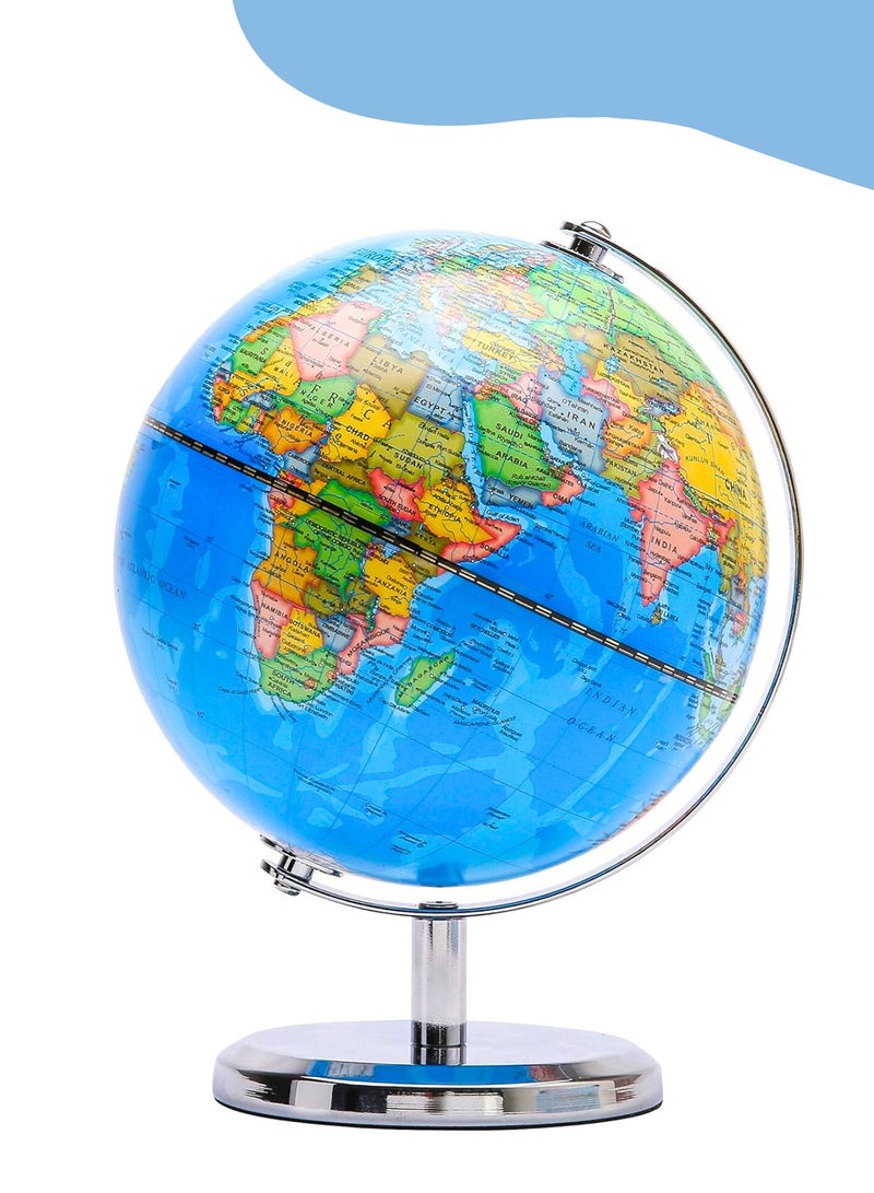 كرة أرضية صغيرة مع خريطة سياسية، قطرها 14 سم، خريطة باللغة الإنجليزية، قطعة ديكور مكتبية تعليمية/جغرافية/عصرية، مصنوعة من الفولاذ المقاوم للصدأ، قاعدة وقوس من الفولاذ المقاوم للصدأ، مناسبة للمدرسة والمنزل والمكتب. - Image 1
