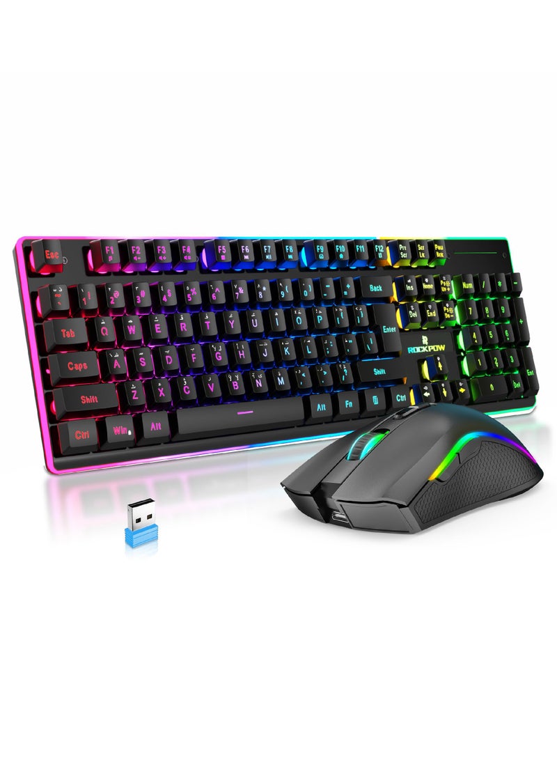ROCK POW Arabic English 2.4G Wireless Gaming Keyboard and Mouse Combo,Gaming Combo include 100% 104 keys Merchanical Feel Keyboard Anti-ghosting RGB Rechargeable 3000mAh Battery, Ergonomic Design RGB Wireless Mouse Mice 4800 DPI Rechargeable 650mAh for PC Gamer - Image 1