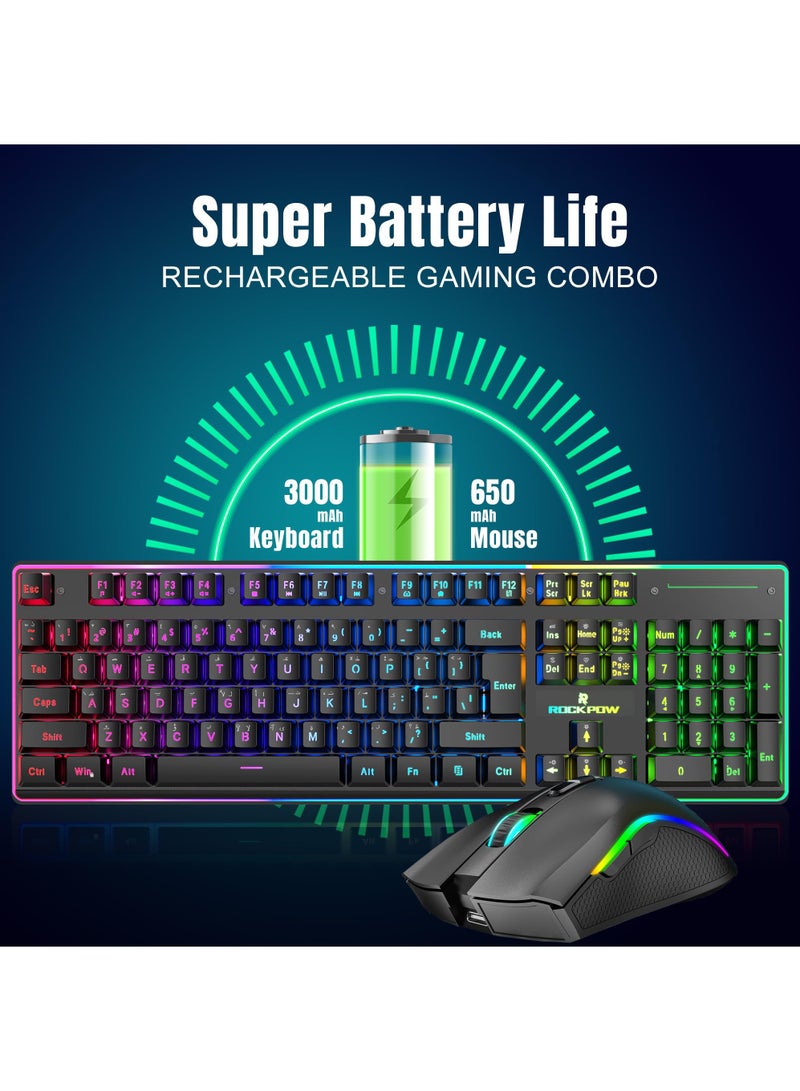 ROCK POW Arabic English 2.4G Wireless Gaming Keyboard and Mouse Combo,Gaming Combo include 100% 104 keys Merchanical Feel Keyboard Anti-ghosting RGB Rechargeable 3000mAh Battery, Ergonomic Design RGB Wireless Mouse Mice 4800 DPI Rechargeable 650mAh for PC Gamer - Image 3