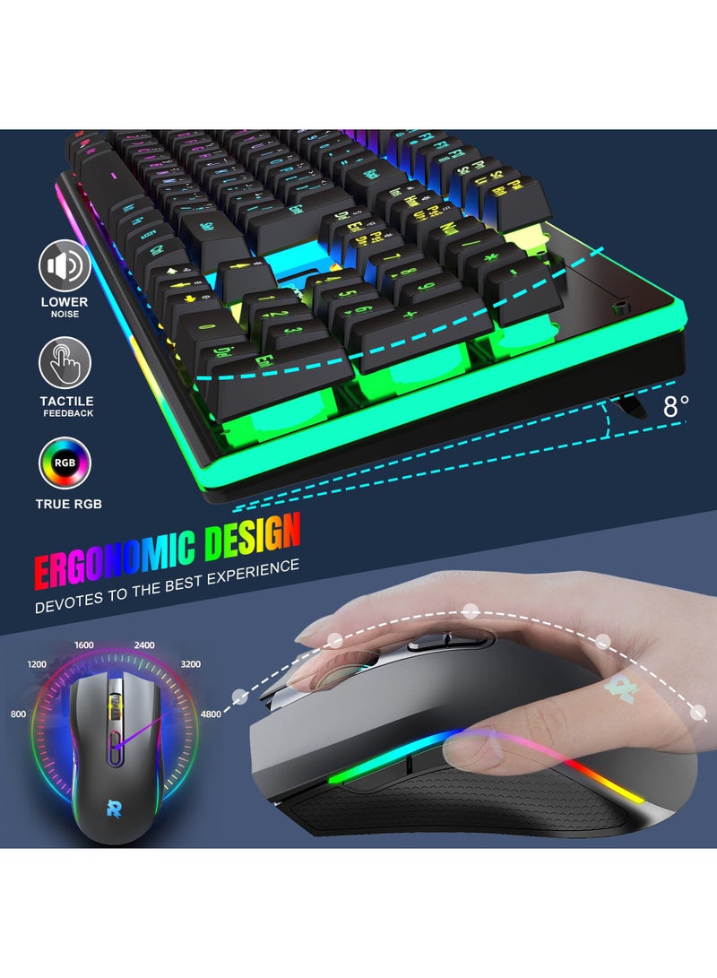 ROCK POW Arabic English 2.4G Wireless Gaming Keyboard and Mouse Combo,Gaming Combo include 100% 104 keys Merchanical Feel Keyboard Anti-ghosting RGB Rechargeable 3000mAh Battery, Ergonomic Design RGB Wireless Mouse Mice 4800 DPI Rechargeable 650mAh for PC Gamer - Image 5