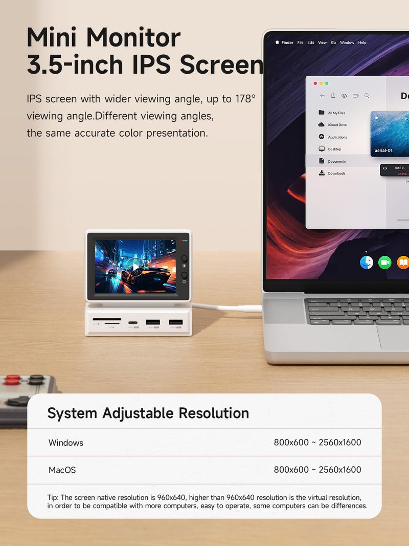 Hagibis 3.5inch IPS USB Mini Screen with USB C Hub, USB-C&HDMI Monitor AIDA64 Mini PC CPU RAM HDD Data Monitor Temperature Electronic Album Floating Lyrics Display Sub Screen for Laptop PC (960x640) - Image 2