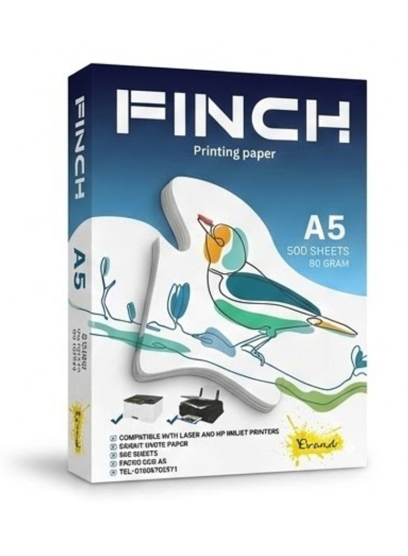 ورق طباعة فينچ (FINCH) مقاس A5 أبيض ناصع، 80 جرام، 500 ورقة - متوافق مع طابعات الليزر والإنك جيت وماكينات التصوير - Image 1