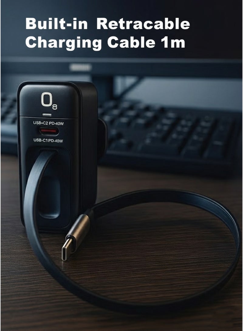 O8.design 40W GaN Dual USB-C Fast Charger | PD Power Adapter | Compact Design I Built in 40w type c cable / with Extra Type c port/ black/Samsung/iPhone/smartphone - Image 3