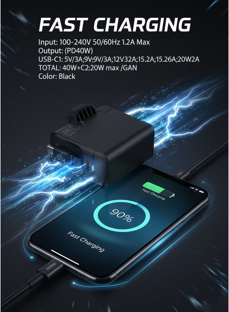 O8.design 40W GaN Dual USB-C Fast Charger | PD Power Adapter | Compact Design I Built in 40w type c cable / with Extra Type c port/ black/Samsung/iPhone/smartphone - Image 4