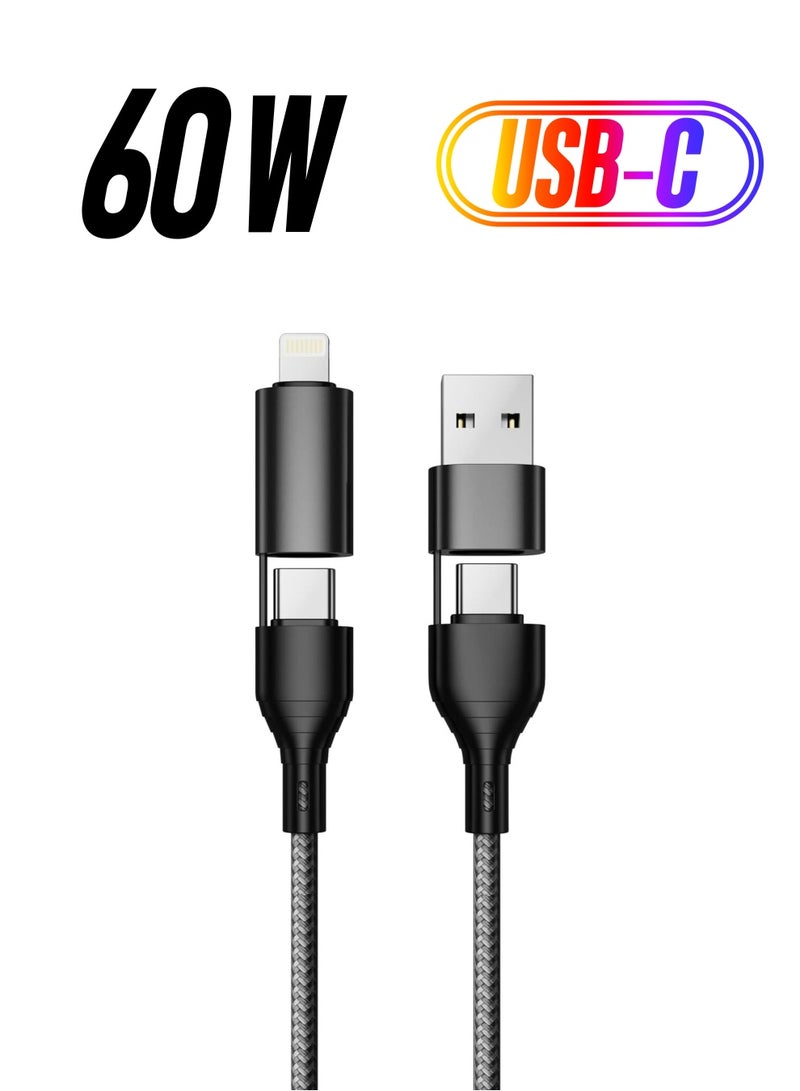 NEW 4-in-1 Fast Charging Cable – USB to Lightning, USB to Type-C, Type-C to Lightning 20W, Type-C to Type-C 60W, Nylon Braided for iPhone, Samsung, Huawei & Tablets - Image 1