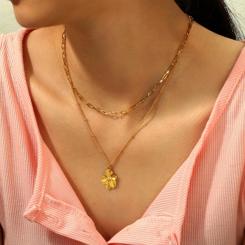 Badu 14K Gold Flower Necklace for Women Boho stainless steel waterproof Cute Dainty Love Pendant Necklaces for Women - Image 3