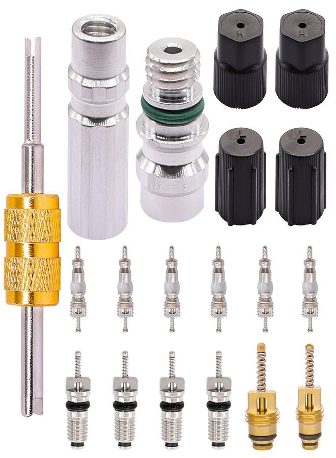 TWTADE Air Conditioning Valve Core Kit - Car AC R12 R134a Teflon Seal Refrigeration Schrader Valve Stem Cores with Remover Tool, Service Valve & HVAC System Charging Port Seal Caps Kit - Image 1