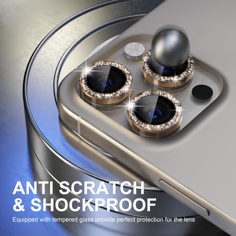Choiche Compatible for iPhone 15 Pro/iPhone 15 Pro Max Camera Lens Protector Bling, 9H Tempered Glass Camera Cover Screen Protector Metal Ring Decoration Accessories (Glitter-Gold) - Image 3