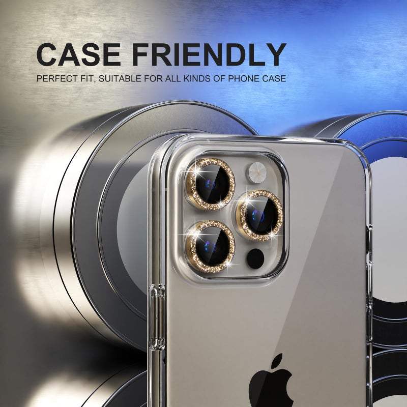 Choiche Compatible for iPhone 15 Pro/iPhone 15 Pro Max Camera Lens Protector Bling, 9H Tempered Glass Camera Cover Screen Protector Metal Ring Decoration Accessories (Glitter-Gold) - Image 4
