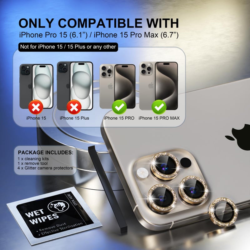 Choiche Compatible for iPhone 15 Pro/iPhone 15 Pro Max Camera Lens Protector Bling, 9H Tempered Glass Camera Cover Screen Protector Metal Ring Decoration Accessories (Glitter-Gold) - Image 2