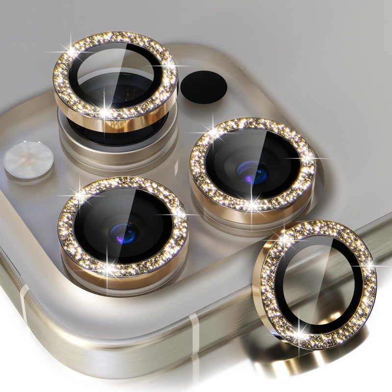Choiche Compatible for iPhone 15 Pro/iPhone 15 Pro Max Camera Lens Protector Bling, 9H Tempered Glass Camera Cover Screen Protector Metal Ring Decoration Accessories (Glitter-Gold) - Image 1
