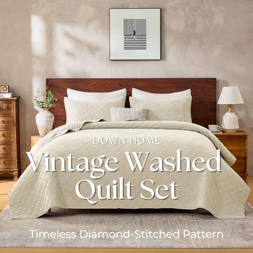 DOWN HOME Queen Quilt Set with Shams Lightweight Quilted Bedspread Coverlet Thin Comforter Bed Cover Vintage Washed Quilted Blanket for All Season, Brushed Microfiber Diamond Stitching, Beige, 88"x92" - Image 2