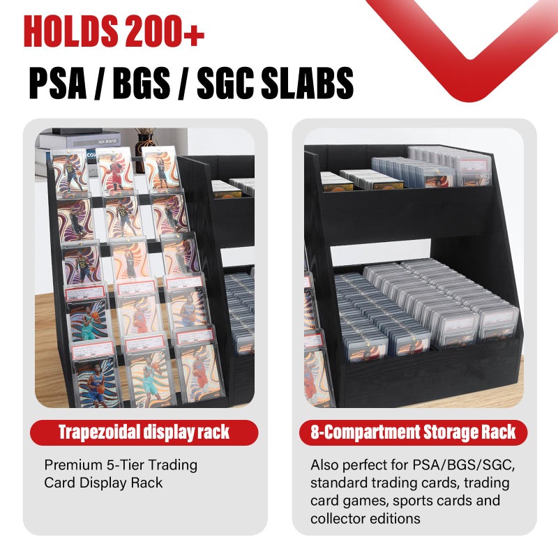 GIASSVIO 5-Tier Trading Card Display,Large Capacity Card Display Stand with 8-Row Storage & 8 Stoppers + Dividers,Wooden Graded Card Display Holds 200+ PSA BGS SGC Slabs for Sports Card and Game Card Collection - Image 2