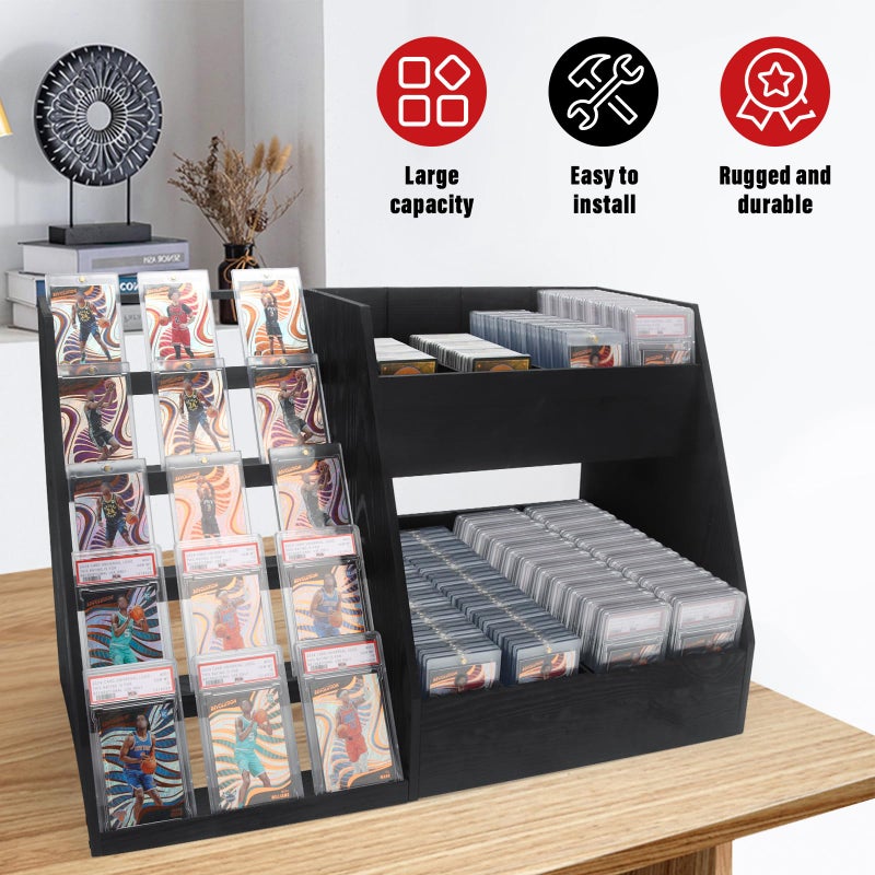 GIASSVIO 5-Tier Trading Card Display,Large Capacity Card Display Stand with 8-Row Storage & 8 Stoppers + Dividers,Wooden Graded Card Display Holds 200+ PSA BGS SGC Slabs for Sports Card and Game Card Collection - Image 5