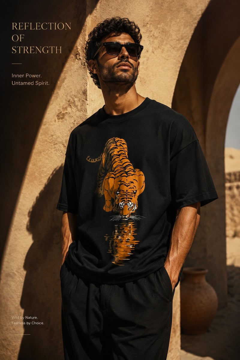 Men's Oversized Black Tiger Reflection Graphic T-Shirt Casual Short Sleeve Crew Neck Streetwear Tee - Image 5