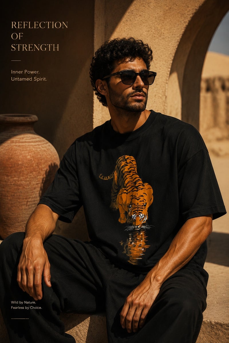 Men's Oversized Black Tiger Reflection Graphic T-Shirt Casual Short Sleeve Crew Neck Streetwear Tee - Image 4