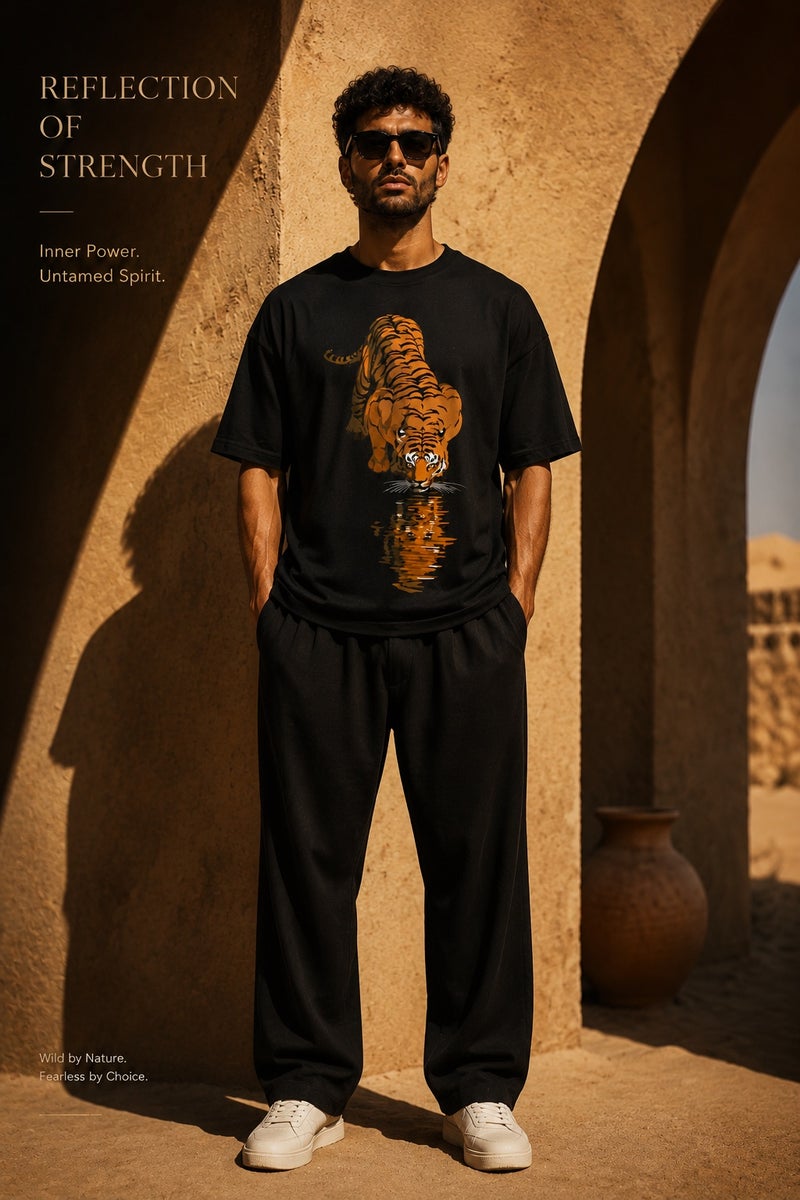 Men's Oversized Black Tiger Reflection Graphic T-Shirt Casual Short Sleeve Crew Neck Streetwear Tee - Image 2