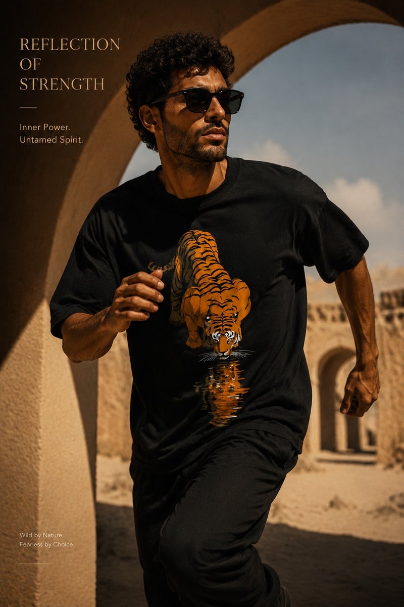 Men's Oversized Black Tiger Reflection Graphic T-Shirt Casual Short Sleeve Crew Neck Streetwear Tee - Image 3