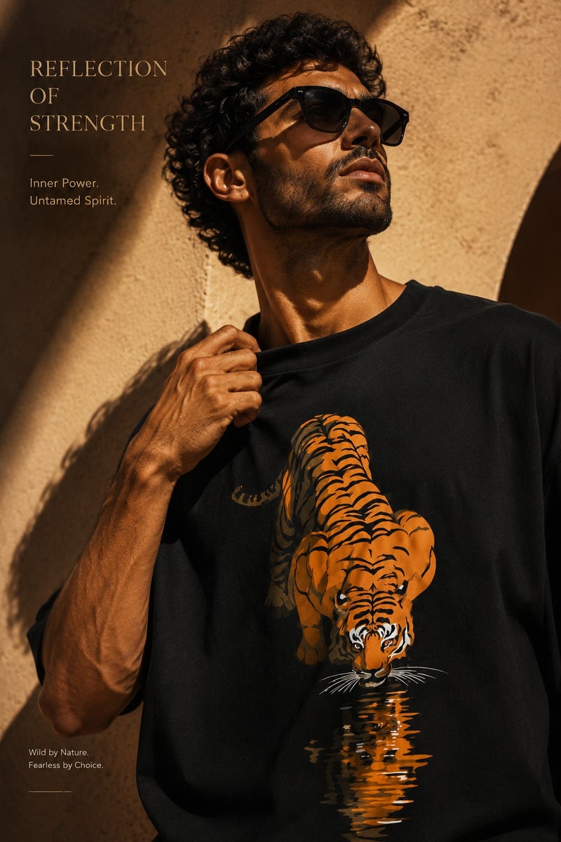 Men's Oversized Black Tiger Reflection Graphic T-Shirt Casual Short Sleeve Crew Neck Streetwear Tee - Image 1