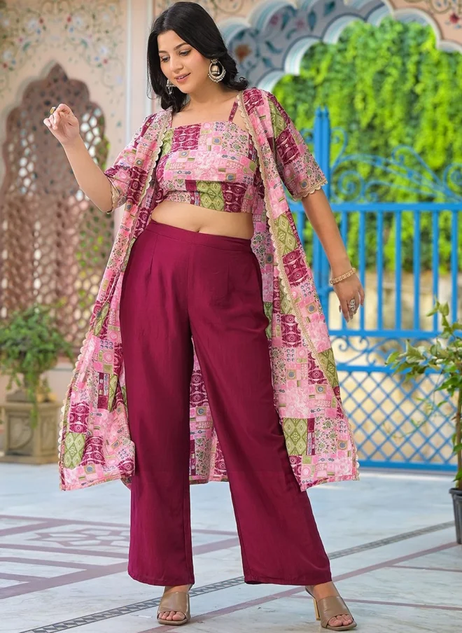 أيه كيه إس Maroon Silk Blend Crop Top, Palazzo, and Shrug Set for Women