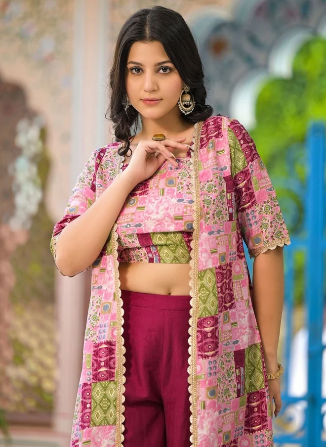 AKS  Maroon Silk Blend Crop Top, Palazzo, and Shrug Set for Women for Women | Best Price UAE