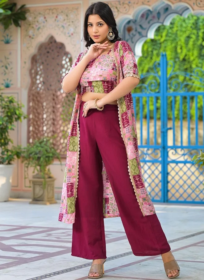 AKS  Maroon Silk Blend Crop Top, Palazzo, and Shrug Set for Women for Women | Best Price UAE