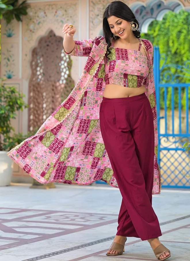 AKS  Maroon Silk Blend Crop Top, Palazzo, and Shrug Set for Women for Women | Best Price UAE