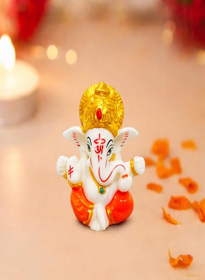 ADTOO Ganesha Idol Figurine for Car Dashboard and Home Decor, White and Orange with Golden Crown, 2.5 Inch Multicolor. - Image 1