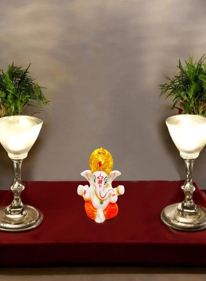 ADTOO Ganesha Idol Figurine for Car Dashboard and Home Decor, White and Orange with Golden Crown, 2.5 Inch Multicolor. - Image 3