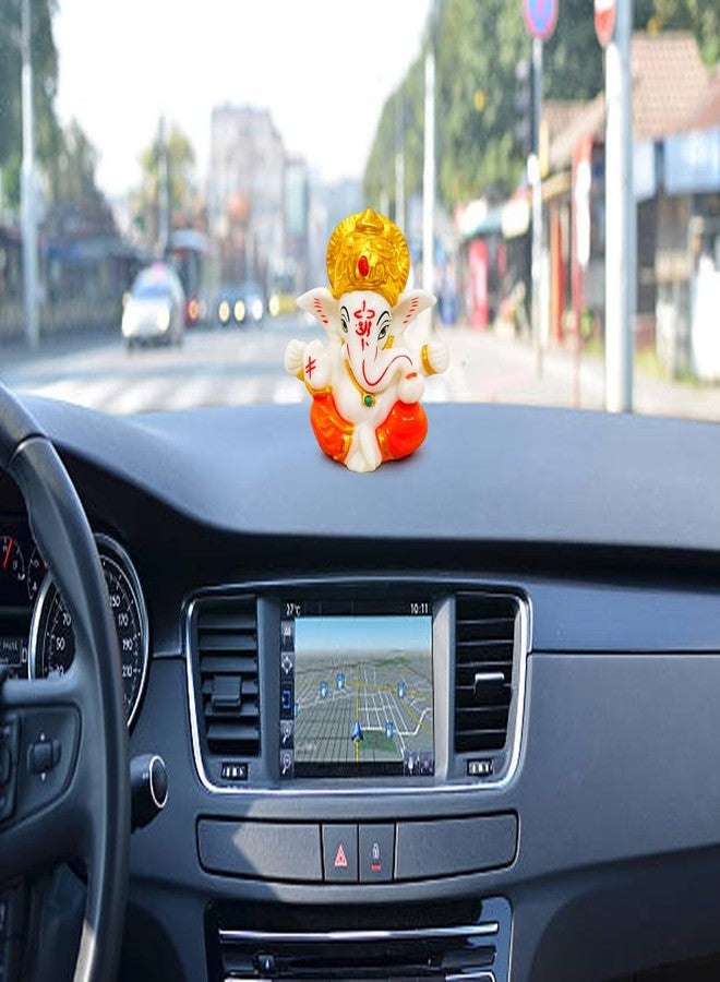 ADTOO Ganesha Idol Figurine for Car Dashboard and Home Decor, White and Orange with Golden Crown, 2.5 Inch Multicolor. - Image 2