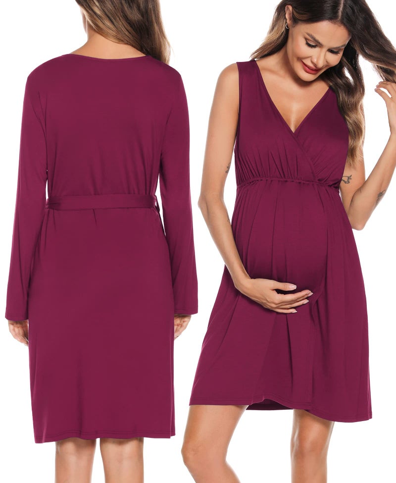 SWOMOG Women Maternity Nursing Gown and Robe Set 3 in 1 Labor Delivery Nursing Nightgown for Breastfeeding Hospital Bathrobe Wineberry - Image 4