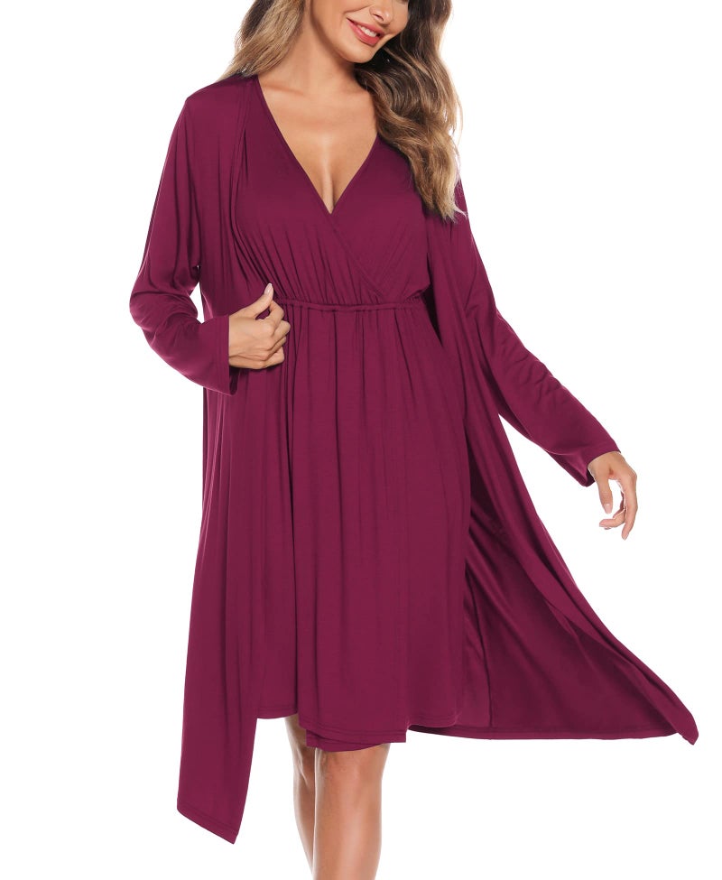 SWOMOG Women Maternity Nursing Gown and Robe Set 3 in 1 Labor Delivery Nursing Nightgown for Breastfeeding Hospital Bathrobe Wineberry - Image 5