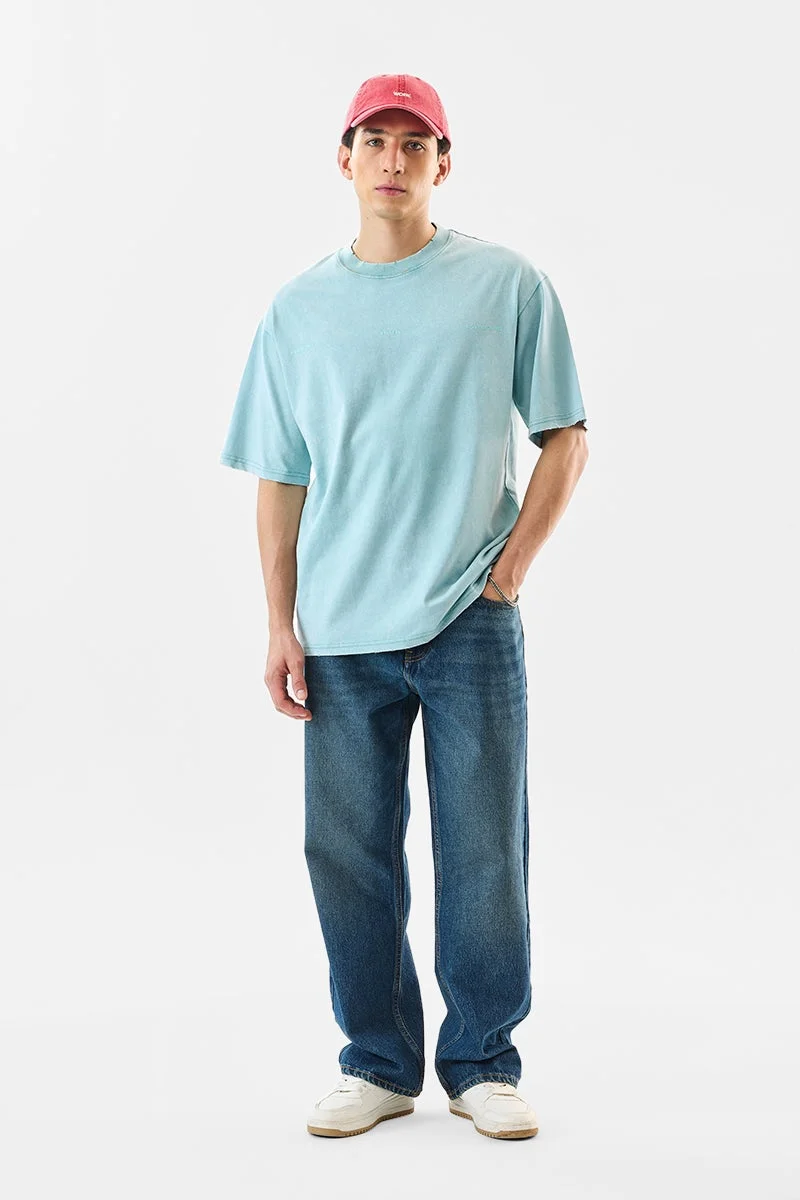 سنيتش Light Blue Solid Half Sleeve Oversized Streetwear T-Shirt