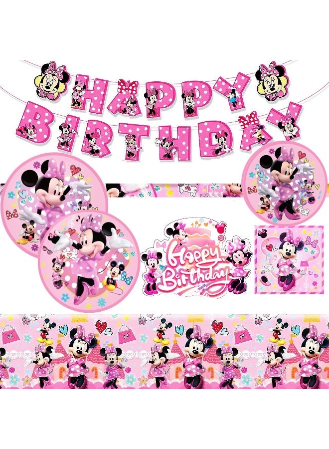 82 PCS Pink Minnie Mouse Disposable Party Tableware Set Serves 10 Guests, Happy Birthday Banner, Paper Plates Cups Napkins Tablecloth Pink Cutlery, Girls Birthday, Eid, Baby Shower, Princess Theme Party Supplies - Image 2