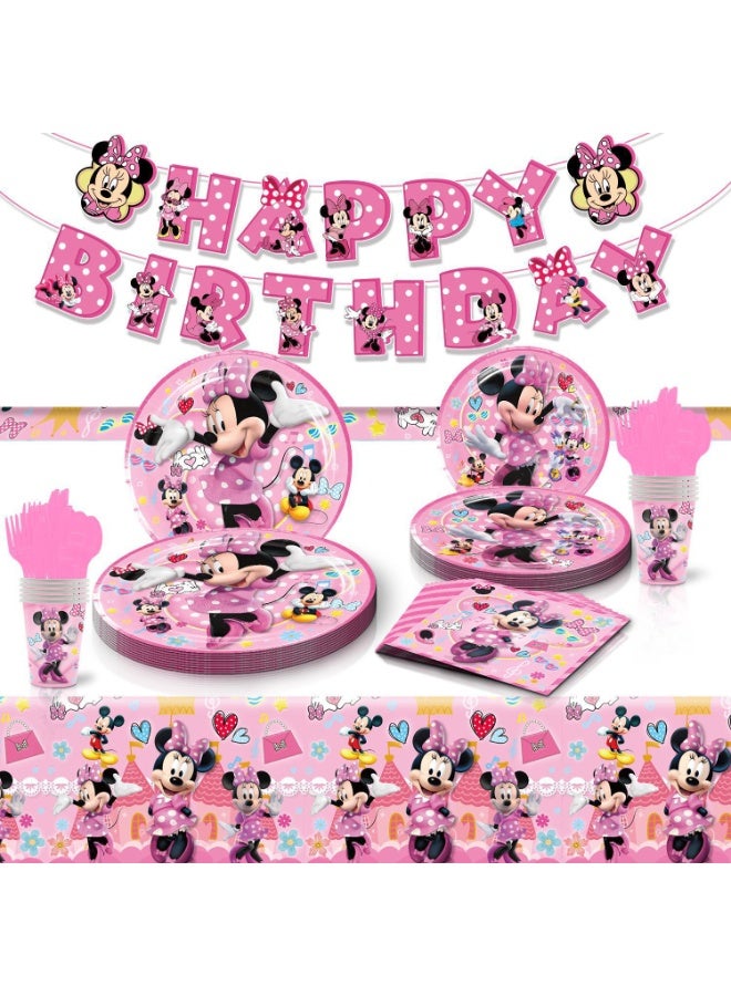 82 PCS Pink Minnie Mouse Disposable Party Tableware Set Serves 10 Guests, Happy Birthday Banner, Paper Plates Cups Napkins Tablecloth Pink Cutlery, Girls Birthday, Eid, Baby Shower, Princess Theme Party Supplies - Image 1