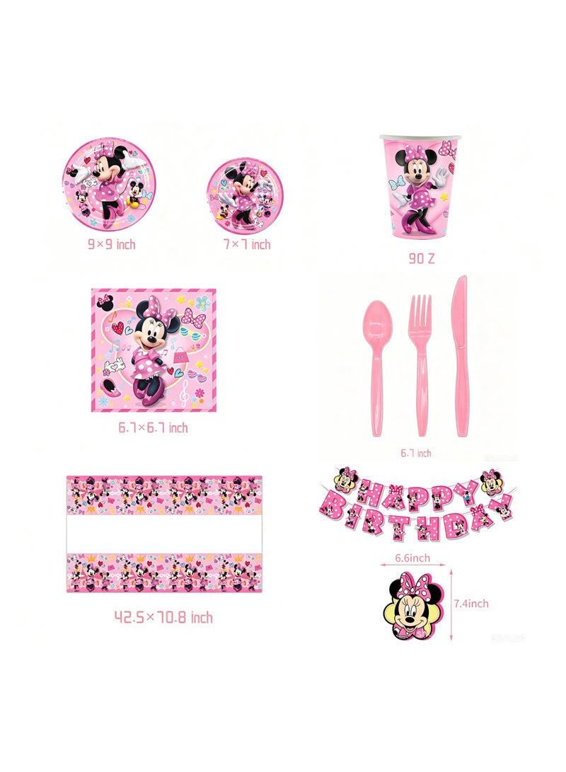 82 PCS Pink Minnie Mouse Disposable Party Tableware Set Serves 10 Guests, Happy Birthday Banner, Paper Plates Cups Napkins Tablecloth Pink Cutlery, Girls Birthday, Eid, Baby Shower, Princess Theme Party Supplies - Image 5