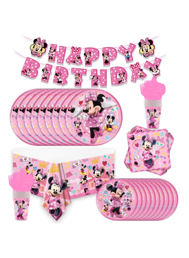 82 PCS Pink Minnie Mouse Disposable Party Tableware Set Serves 10 Guests, Happy Birthday Banner, Paper Plates Cups Napkins Tablecloth Pink Cutlery, Girls Birthday, Eid, Baby Shower, Princess Theme Party Supplies - Image 3