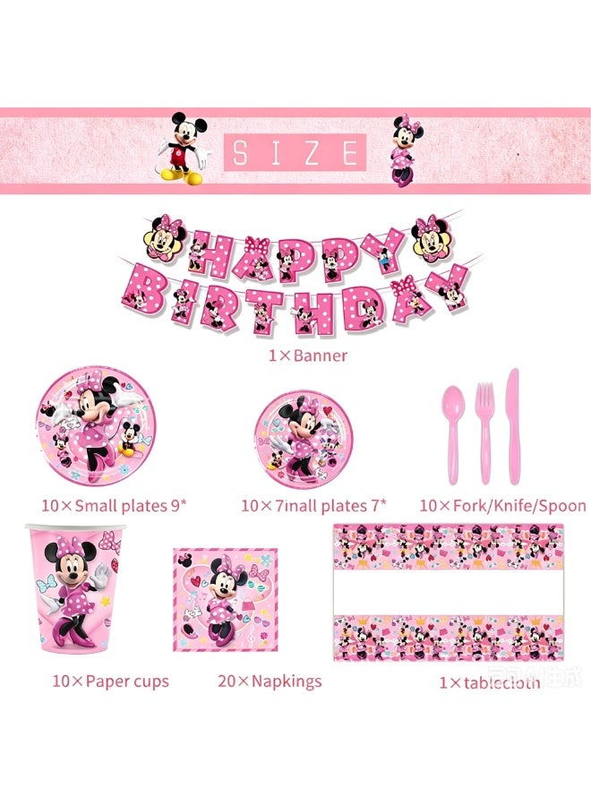82 PCS Pink Minnie Mouse Disposable Party Tableware Set Serves 10 Guests, Happy Birthday Banner, Paper Plates Cups Napkins Tablecloth Pink Cutlery, Girls Birthday, Eid, Baby Shower, Princess Theme Party Supplies - Image 4