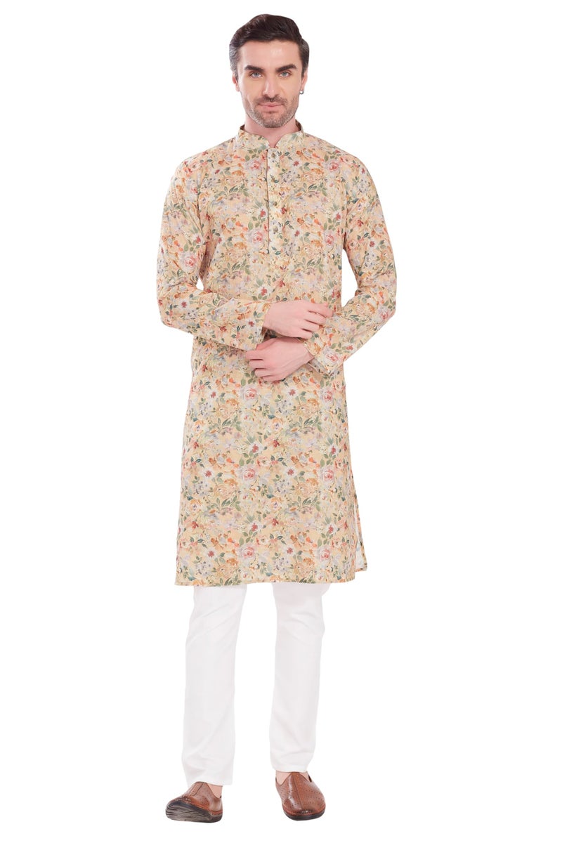 DIVISIVE Men's Linen Cotton Blend Printed Regular Fit Long Kurta (DKRT1619_M_Yellow 3) - Image 2