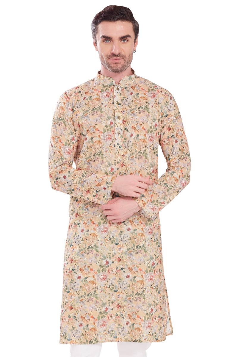 DIVISIVE Men's Linen Cotton Blend Printed Regular Fit Long Kurta (DKRT1619_M_Yellow 3) - Image 1