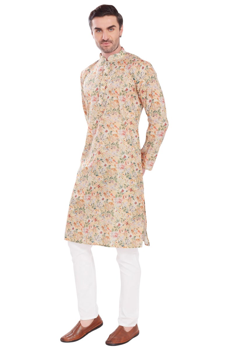 DIVISIVE Men's Linen Cotton Blend Printed Regular Fit Long Kurta (DKRT1619_M_Yellow 3) - Image 3