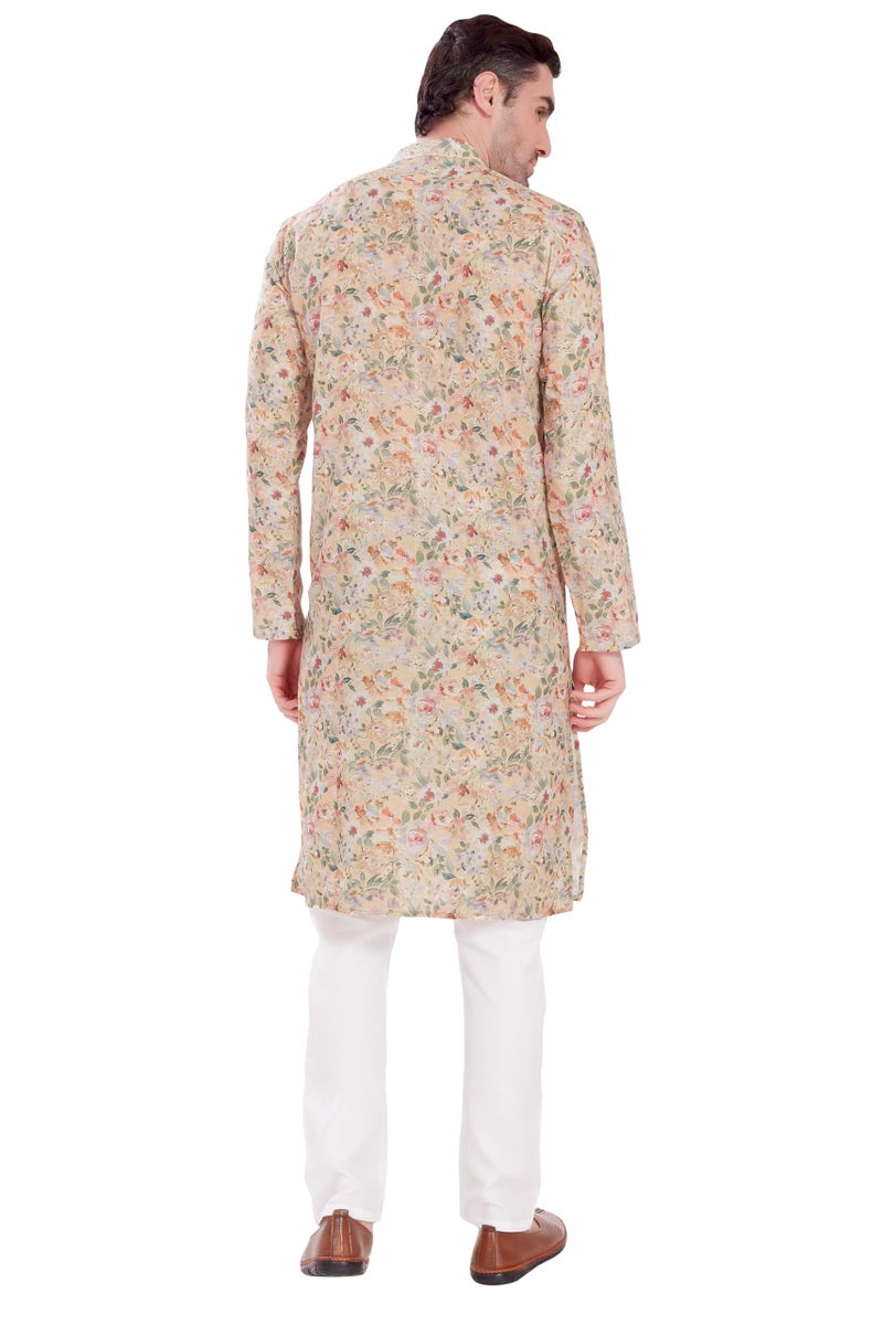 DIVISIVE Men's Linen Cotton Blend Printed Regular Fit Long Kurta (DKRT1619_M_Yellow 3) - Image 5